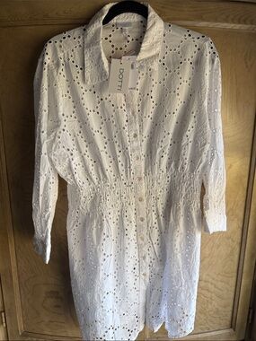 DOTTI 🌴☀️ White Eyelet Button-Front Tunic with Smocked Waist Cover up